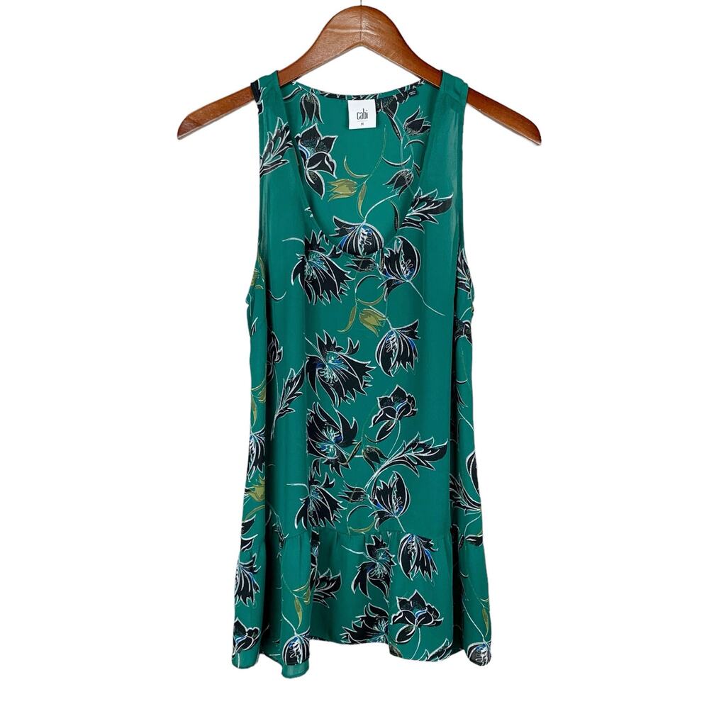 Cabi Zoe Falling Flowers Tank Top Peplum Green Sleeveless Women’s M